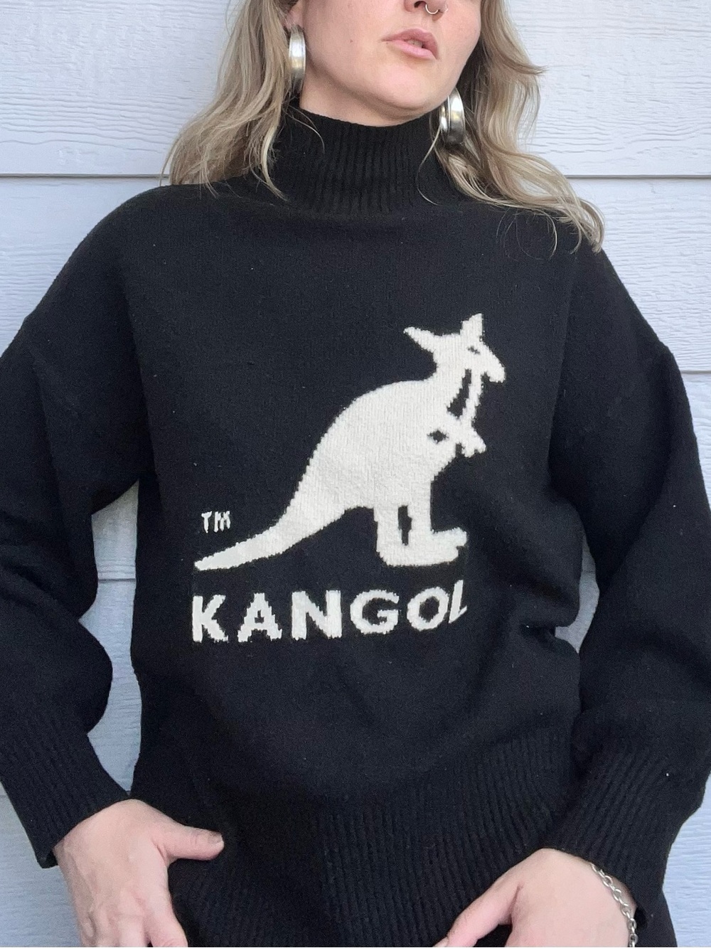 Kangol Black and White Logo Turtleneck Sweater